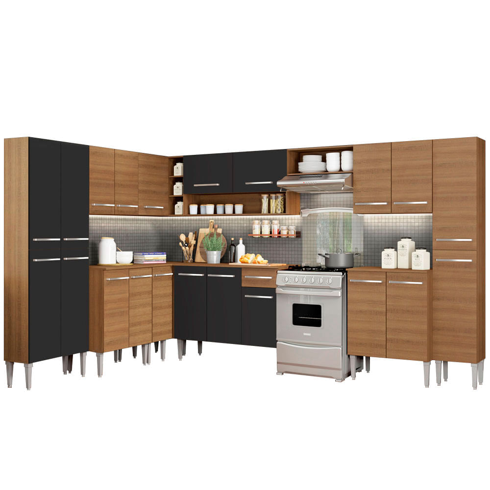 Mueble de Cocina Integral Emilly Big 513 cm Marrón/Negro 02 Mueble de Cocina Integral Emilly Big 513 cm Marrón/Negro 02