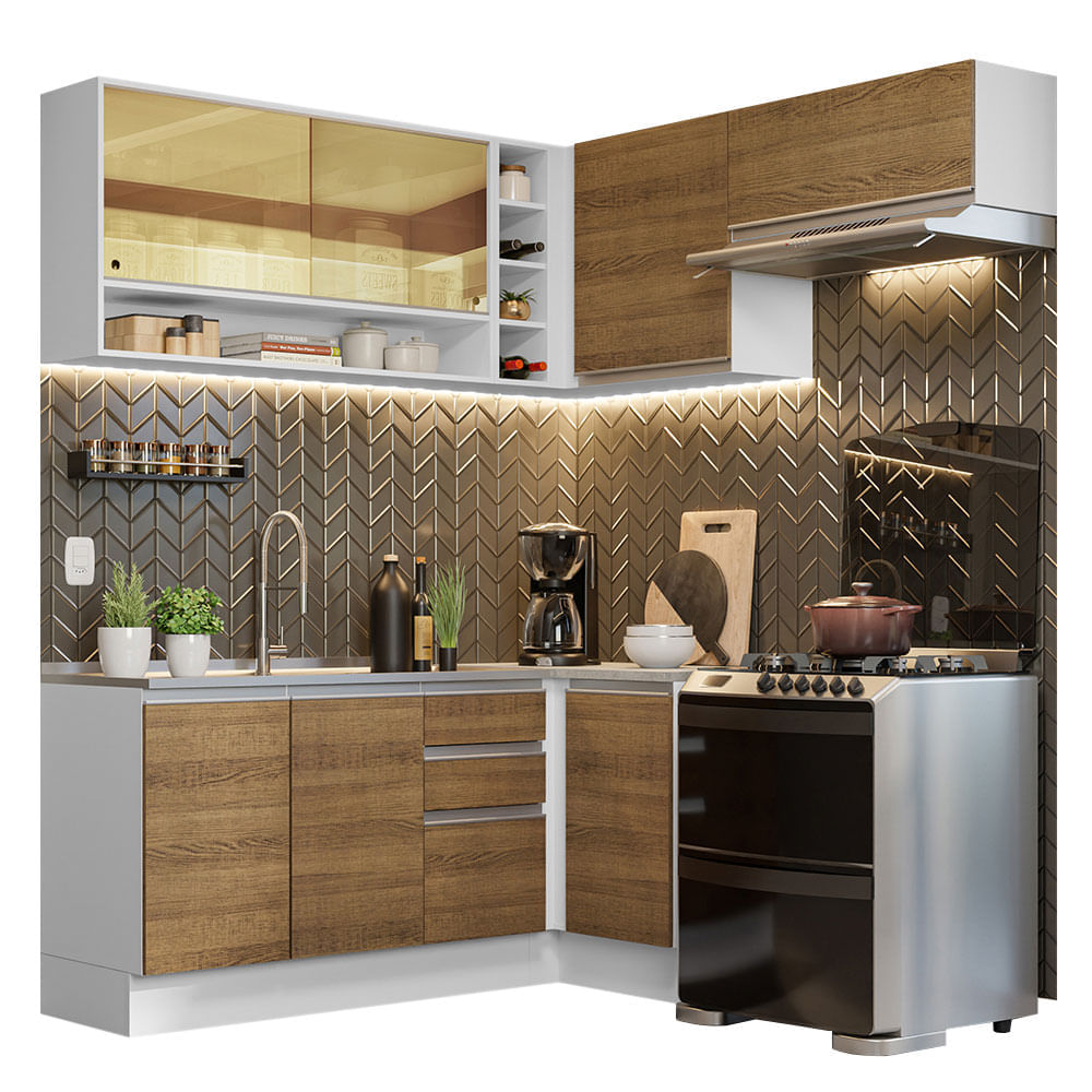 Mueble de Cocina Integral Esquinero Glamy 349 cm Blanco/Marrón 06