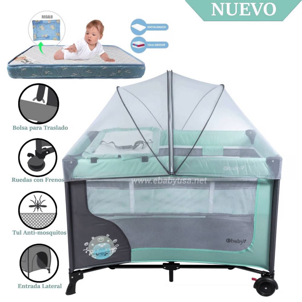 Cuna Corral Ebaby con Cambiador Happy Dream Verde-Colchón
