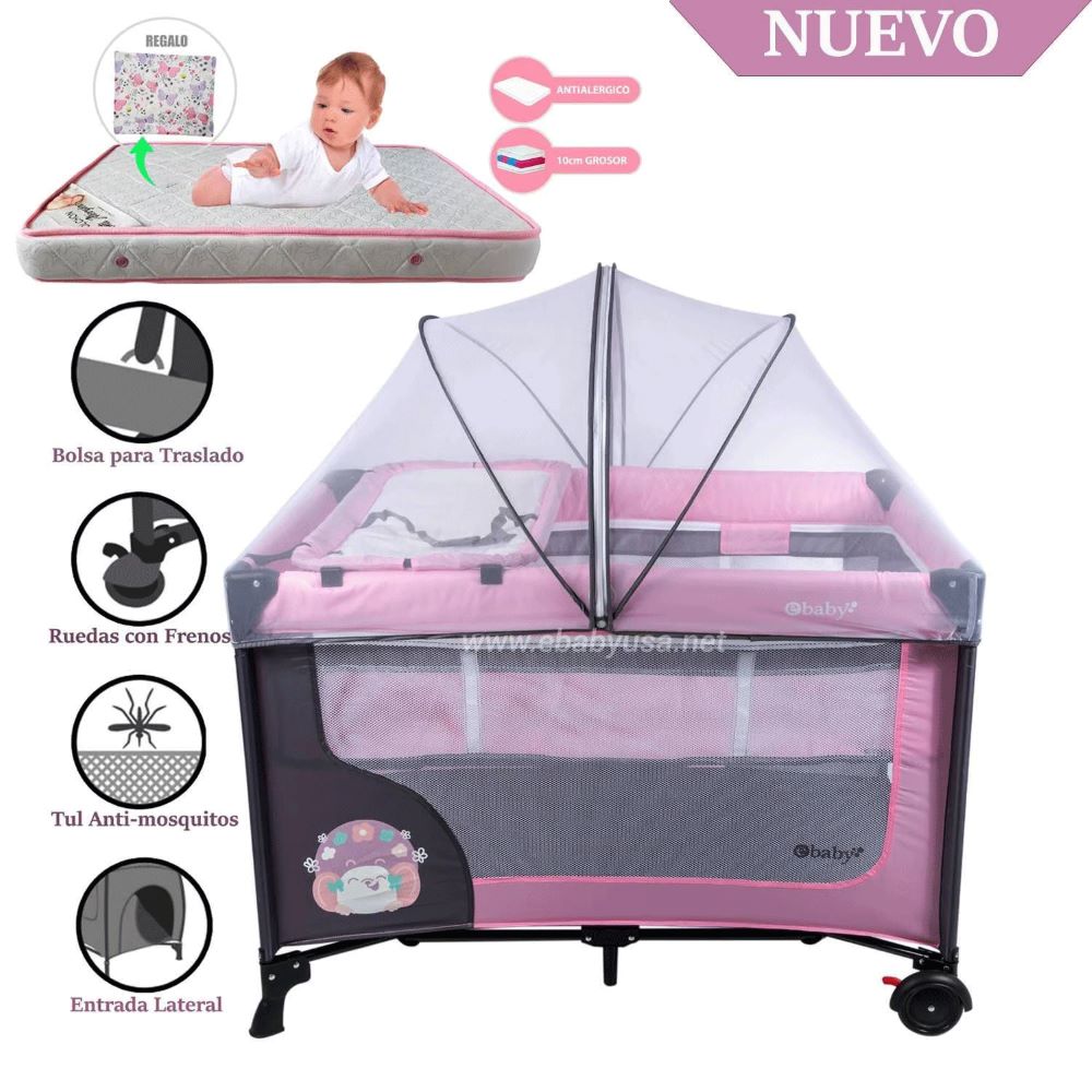Cuna Corral Ebaby con Cambiador Happy Dream Rosado-Colchón