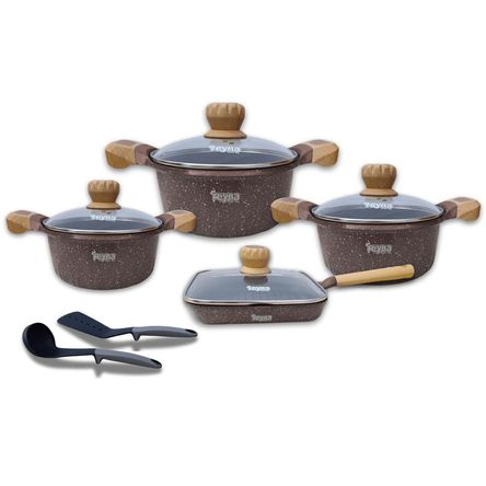Juego de Ollas Reyna Siena Marrón Roca Volcánica 10 Piezas Elegantes Juego de Ollas Reyna Siena Marrón Roca Volcánica 10 Piezas Elegantes