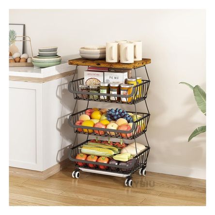 Cesta Estante de 4 Niveles con Ruedas de Color Negro Cesta Estante de 4 Niveles con Ruedas de Color Negro