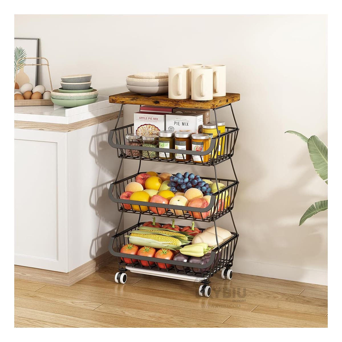 Cesta Estante de 4 Niveles con Ruedas de Color Negro