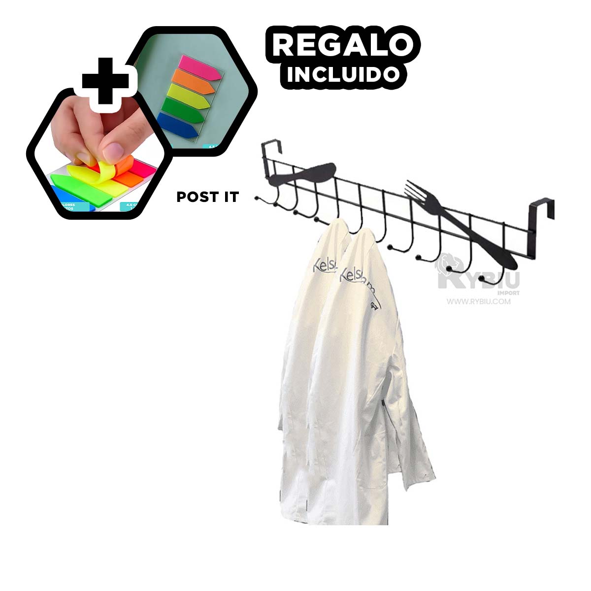 Gancho Detrás de Puerta en Color Negro Y+Post-it adhesivos