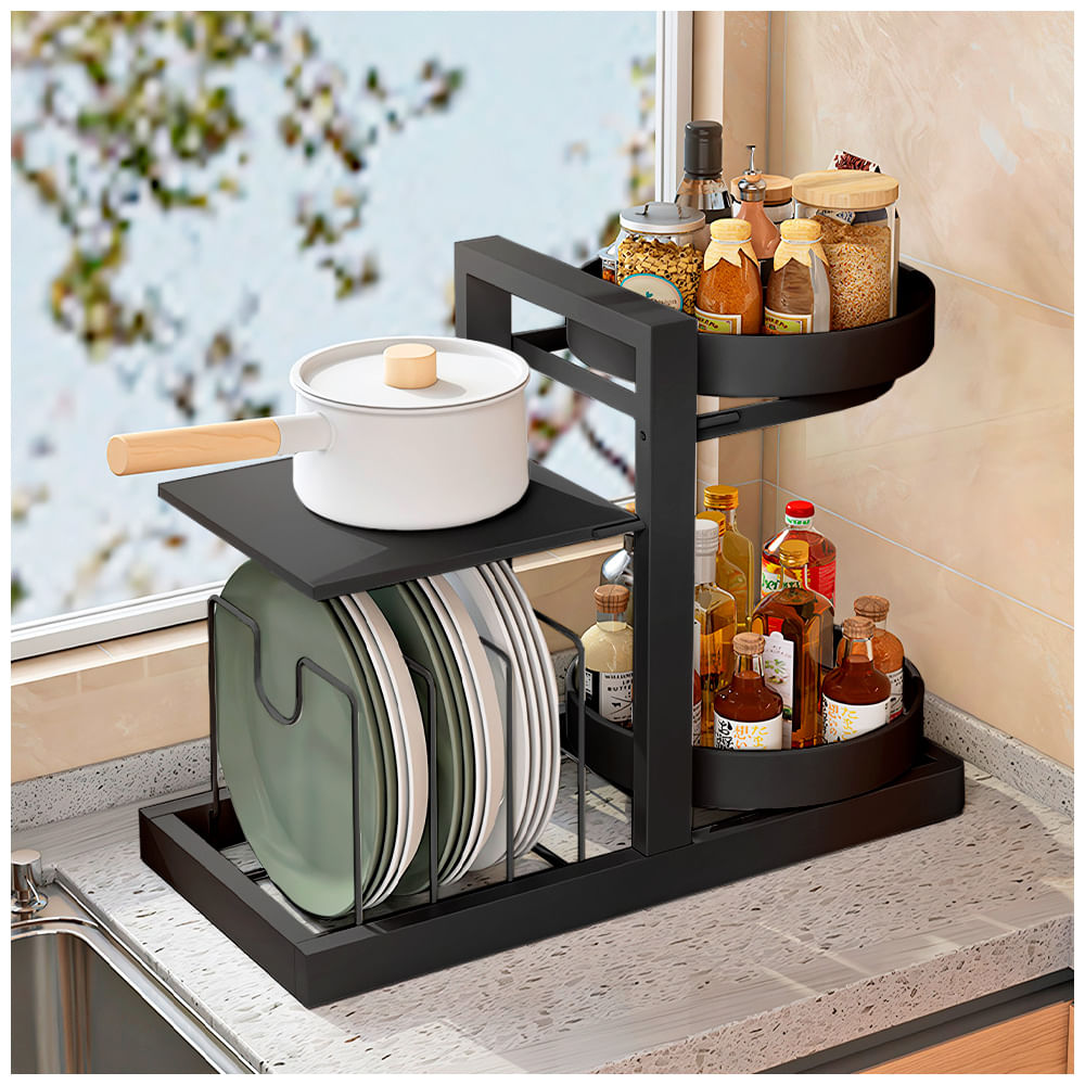 Organizador de Ollas Platos con Soporte Giratorio para Condimentos 2 Niveles S45 Organizador de Ollas Platos con Soporte Giratorio para Condimentos 2 Niveles S45