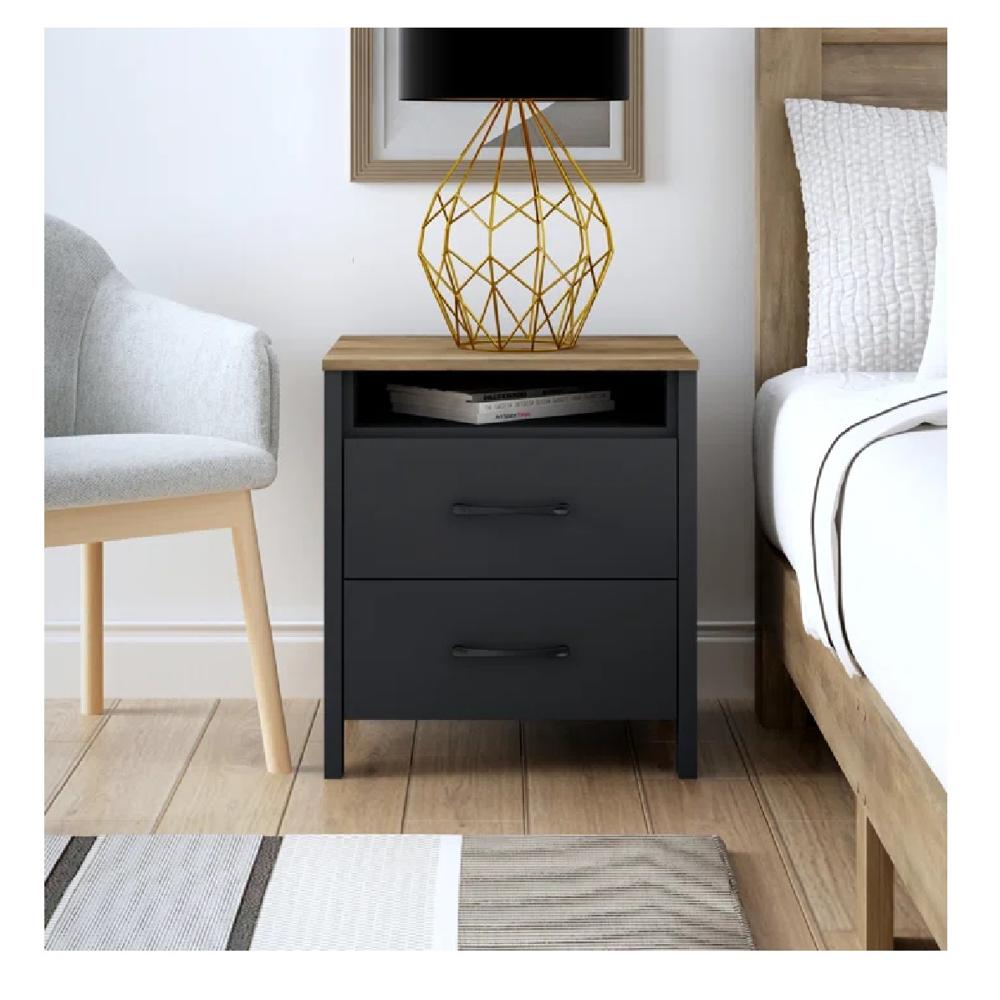 Mesa de Noche Velador Amber TU MESITA Melamina 18mm color Negro Roble 2 cajones