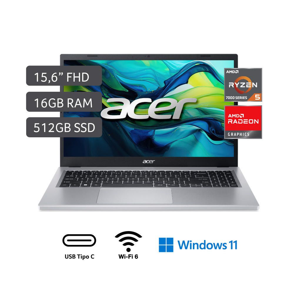 Laptop Acer  R5-7520U 16GB RAM 512GB SSD 15.6"" Silver