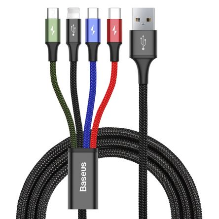 Cable Carga Rápida 4 en 1, Lightning, 2 Tipo-C y Micro USB3.5, Baseus Cable Carga Rápida 4 en 1, Lightning, 2 Tipo-C y Micro USB3.5, Baseus