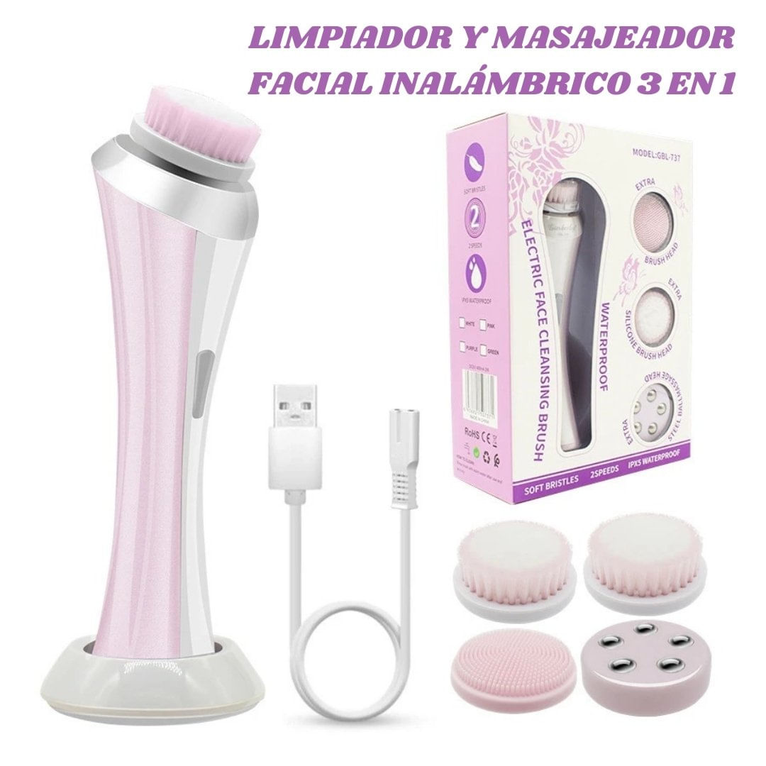 Limpiador y Masajeador Facial 3 en 1 Inalámbrico 2 Modos y 4 Puntas