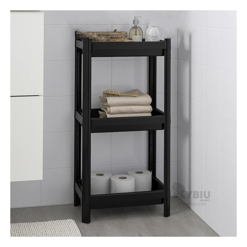 Estante Plegable de Plastico con 3 Niveles en Negro Estante Plegable de Plastico con 3 Niveles en Negro