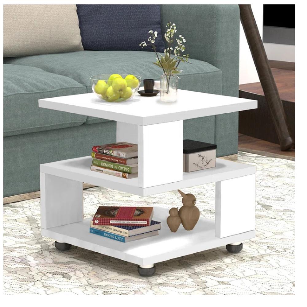 Mesa de Noche Multiusos René TU MESITA Melamina 18mm con Ruedas color Blanco