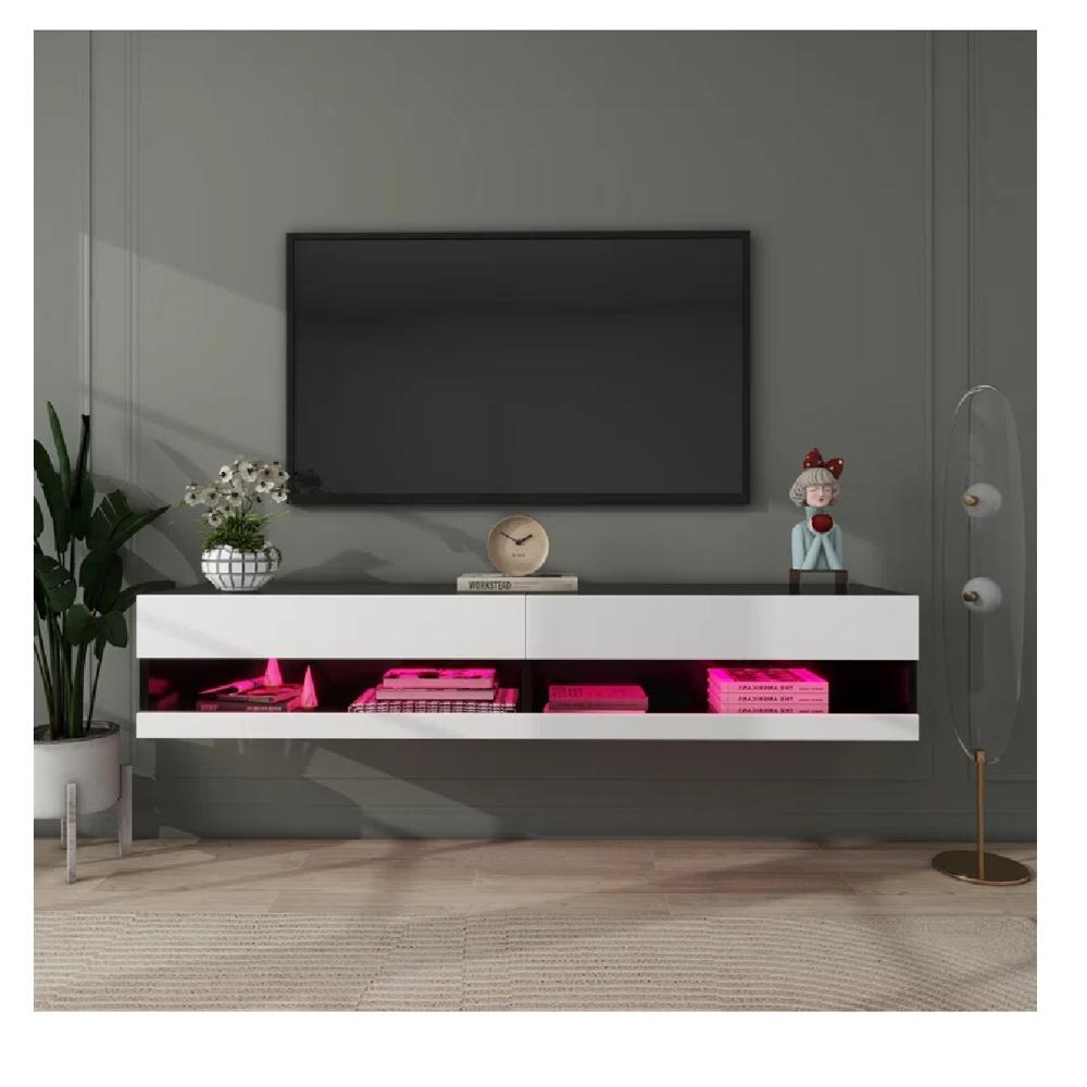 Mesa de TV Flotante 77"" TU MESITA Loria Melamina 18mm 2 puertas color Blanco/Negro LED