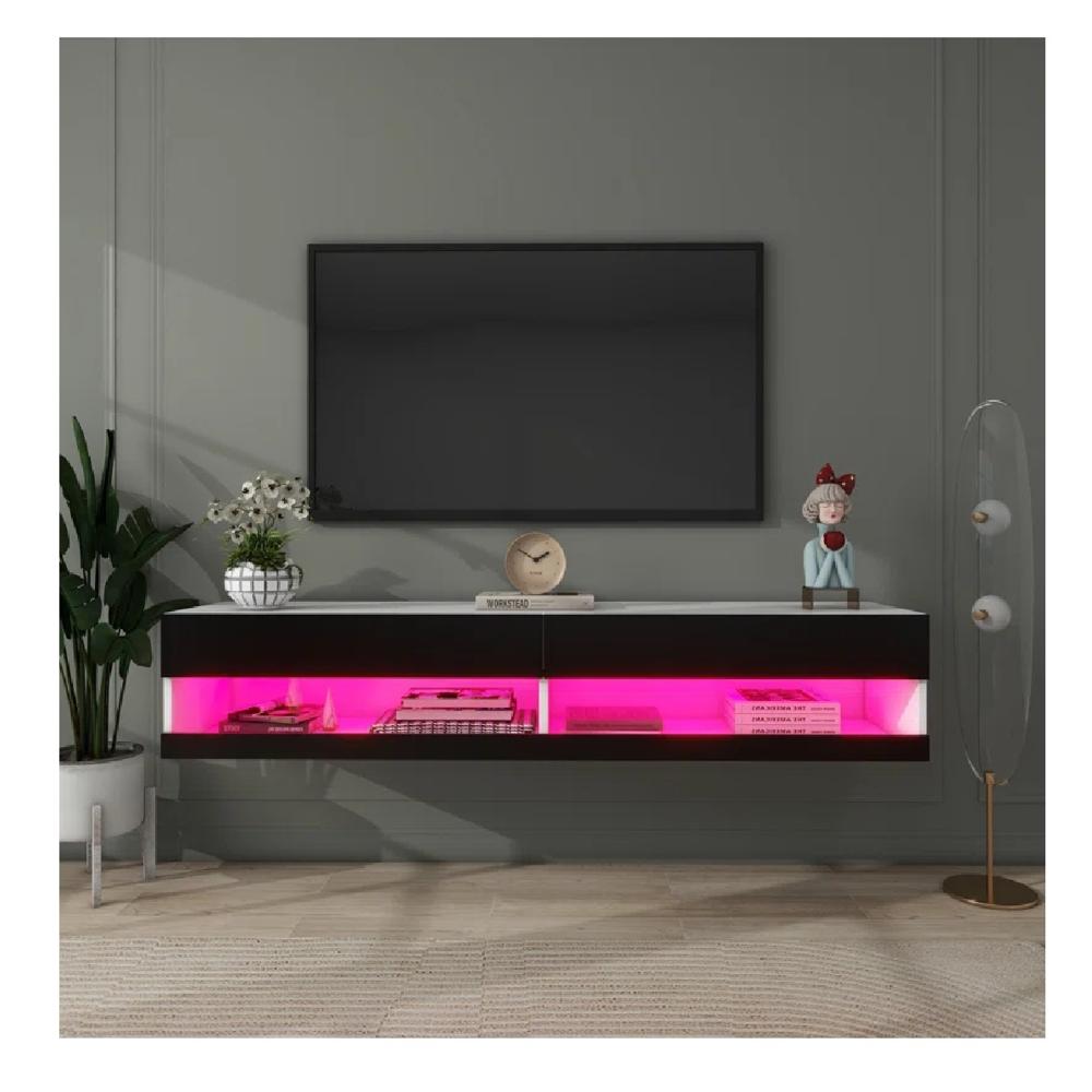 Mesa de TV Flotante 77"" TU MESITA Loria Melamina 18mm 2 puertas color Negro/Blanco LED