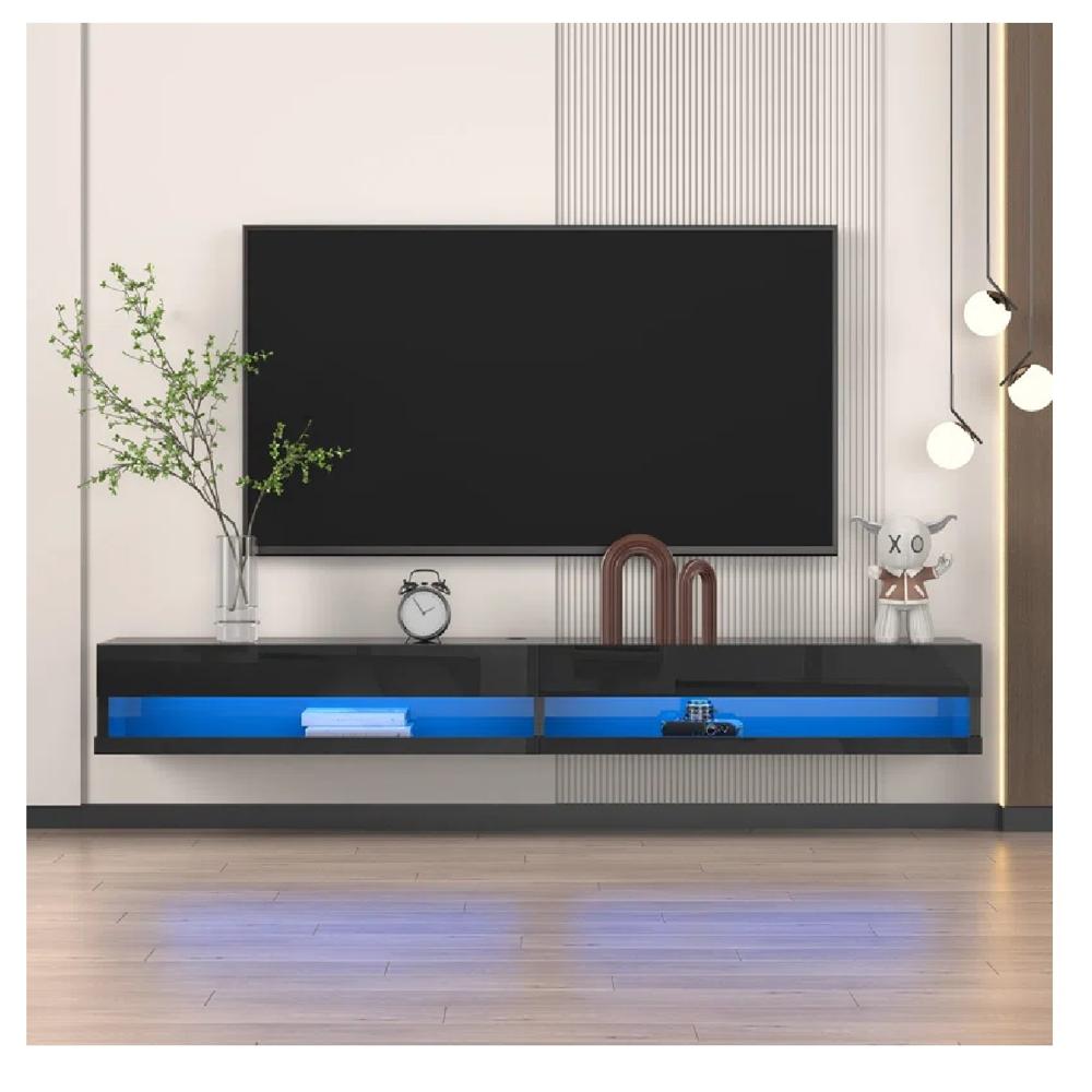 Mesa de TV Flotante 77"" TU MESITA Loria Melamina 18mm 2 puertas color Negro LED