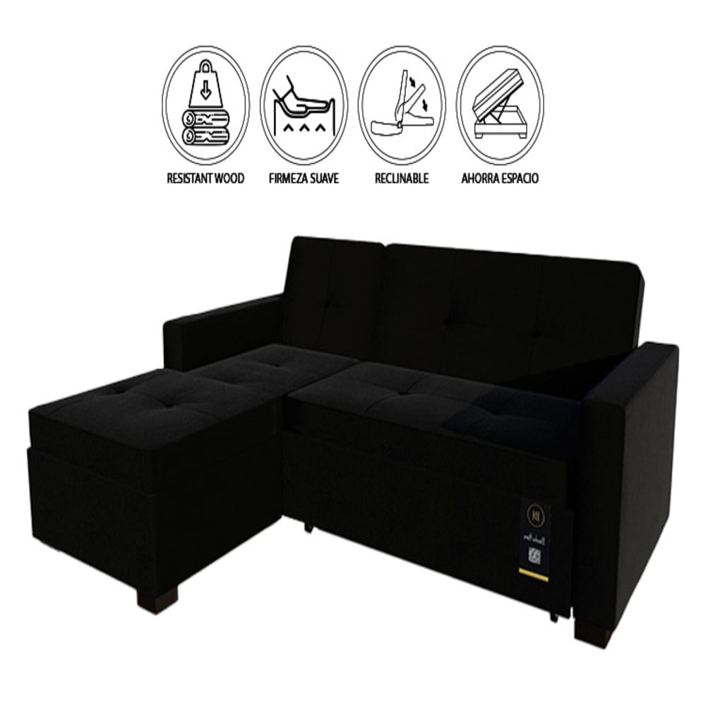Sofá Cama Seccional Debar Izquierdo 3 Cuerpos - Negro