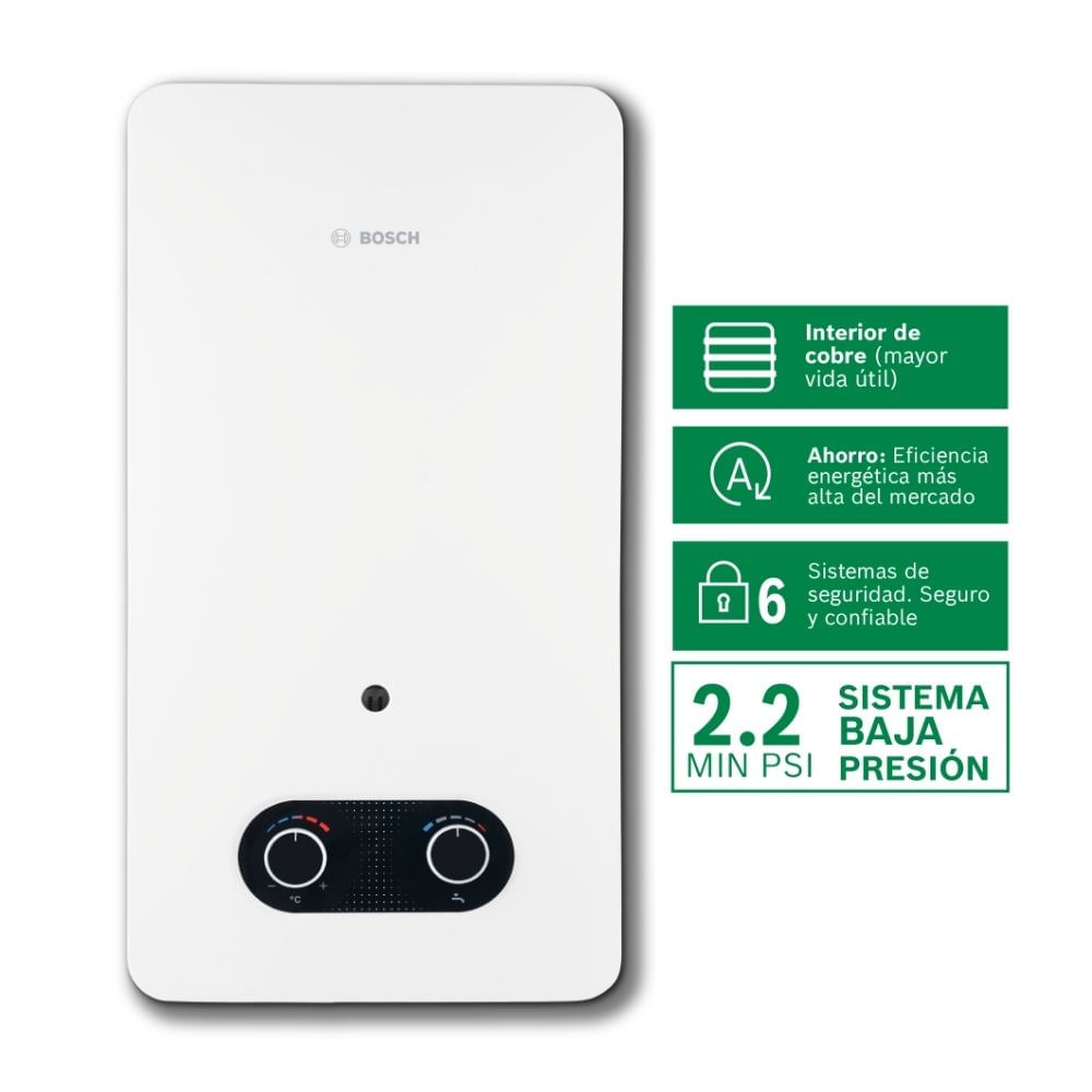 Terma a Gas GLP Bosch VITAL 10L: Sistema Baja Presión 2 PSI, Serpentín 100% Cobre, 6 Sistemas de Seguridad, Encendido Silencioso