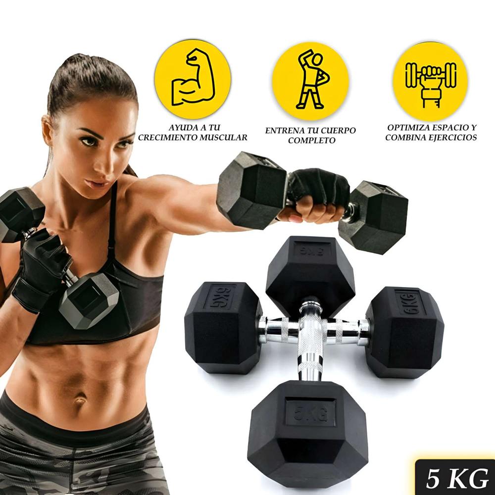 Set De Pesas Mancuernas Hexagonal Metal Cromado X2 5Kg
