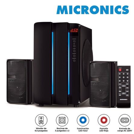 Parlante 2.1 Micronics S7601 INFINITY6 LED azul USB, FM con control Parlante 2.1 Micronics S7601 INFINITY6 LED azul USB, FM con control