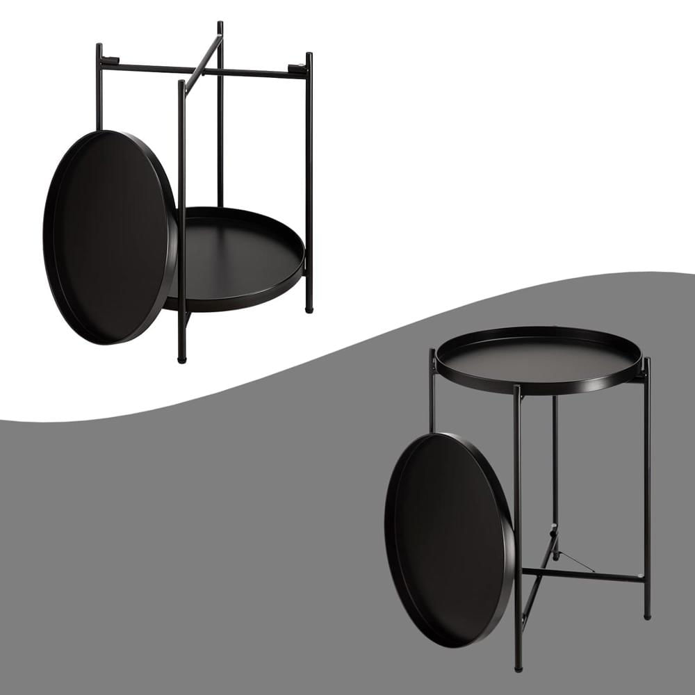 Mesa De Centro Doble Capa Minimalista Sala De Estar Redonda-Negro