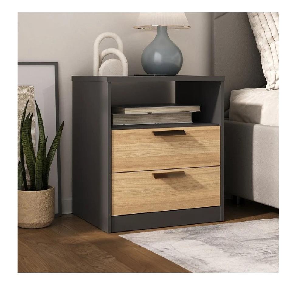 Mesa De Noche Fermín TU MESITA Melamina 18mm color Negro/Roble 2 cajones