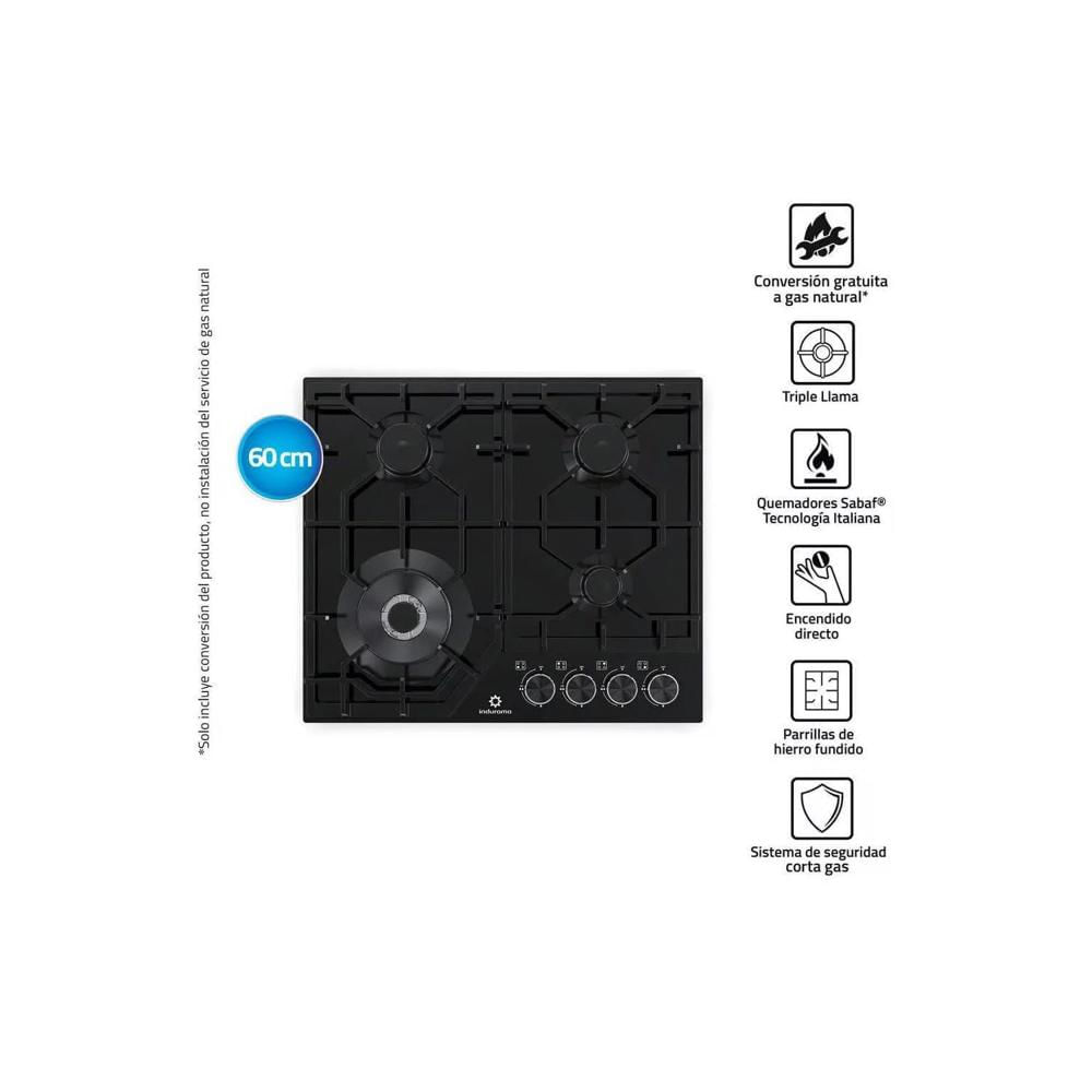 Cocina Encimera Empotrable a Gas de 4 Hornillas Indurama EGASI-604CGNE Negro