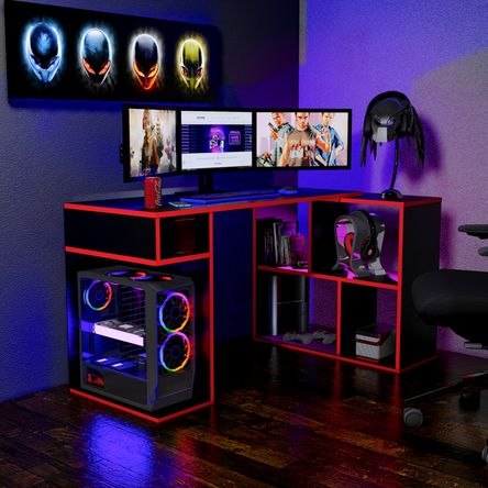 Escritorio Gamer en L 133x80cm NR 11 Movenda Negro/Rojo Escritorio Gamer en L 133x80cm NR 11 Movenda Negro/Rojo