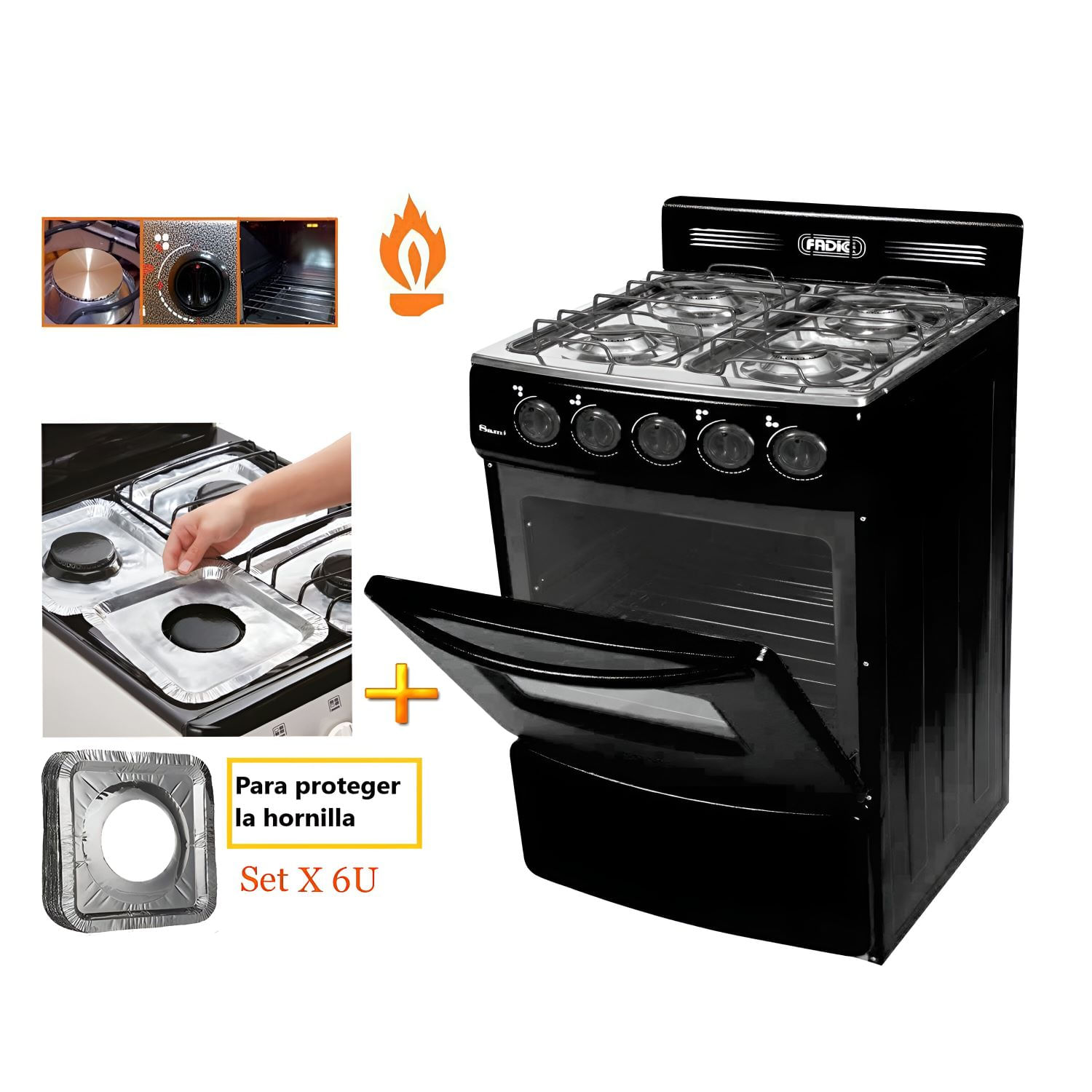 Cocina fadic SAMI con respaldar y horno 20 sami 4h negro +protector