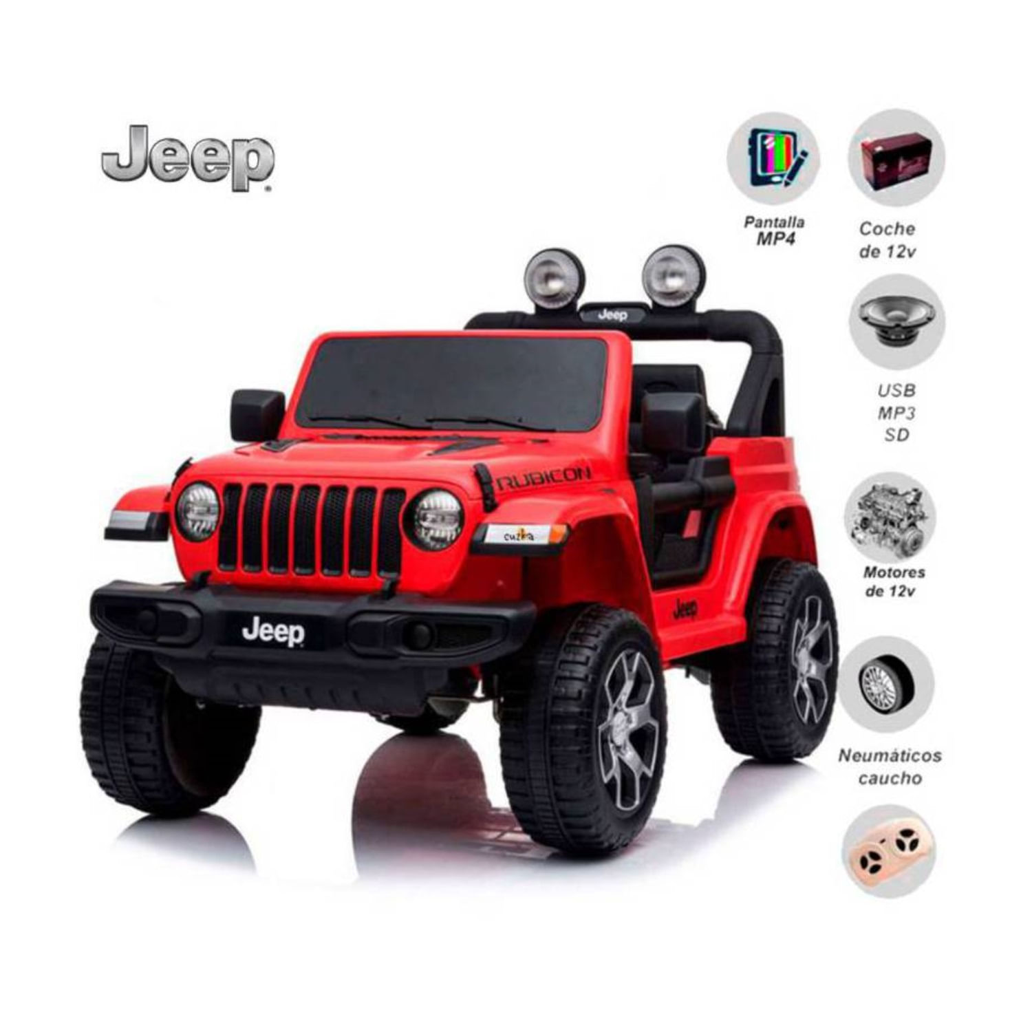 Carro a Bateria Jeep Wrangler Rubicon 12V con Pantalla Video USB Rojo