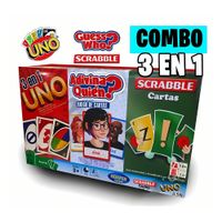 Combo Juego de Mesa Uno Scrabble Cartas Adivina Quien 3 en 1