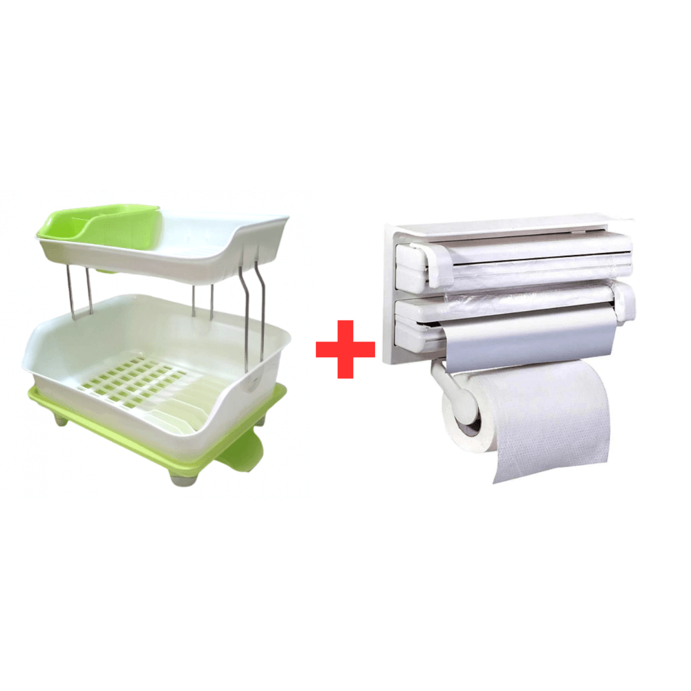 Combo Escurridor para Platos 2 Niveles + Porta Papel Organizador Triple Rollo
