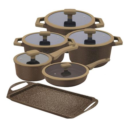 Juego de Ollas Roca Volcánica de 11 Pcs Color Marrón Juego de Ollas Roca Volcánica de 11 Pcs Color Marrón
