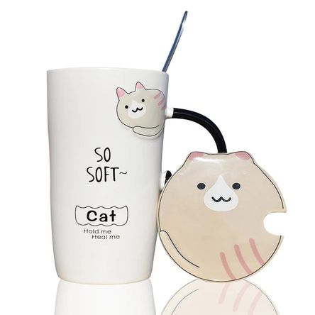 Taza de Cerámica Gato Pusheen con Tapa y Cucharita