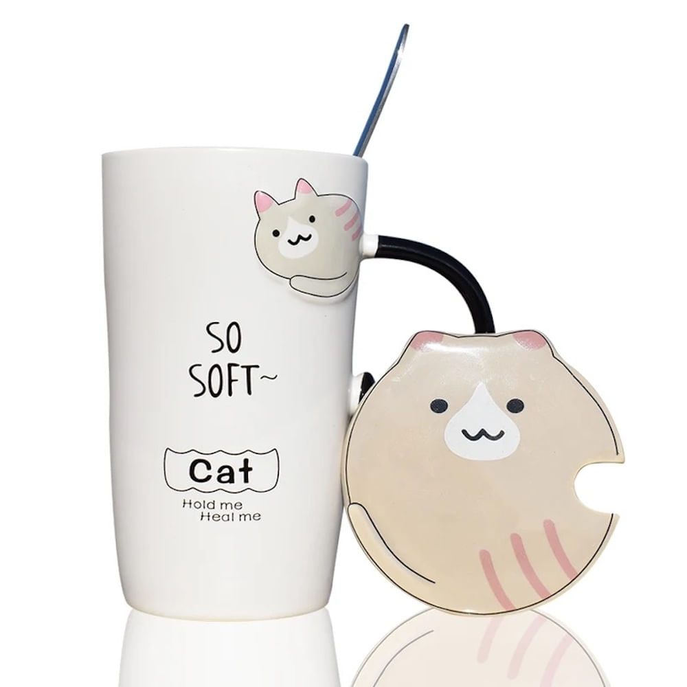 Taza de Cerámica Gato Pusheen con Tapa y Cucharita