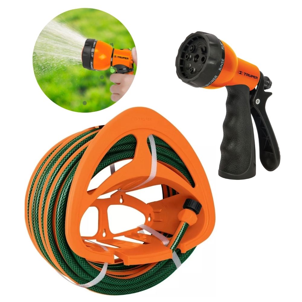 Combo manguera de riego 15m, porta manguera y pistola de riego Combo manguera de riego 15m, porta manguera y pistola de riego