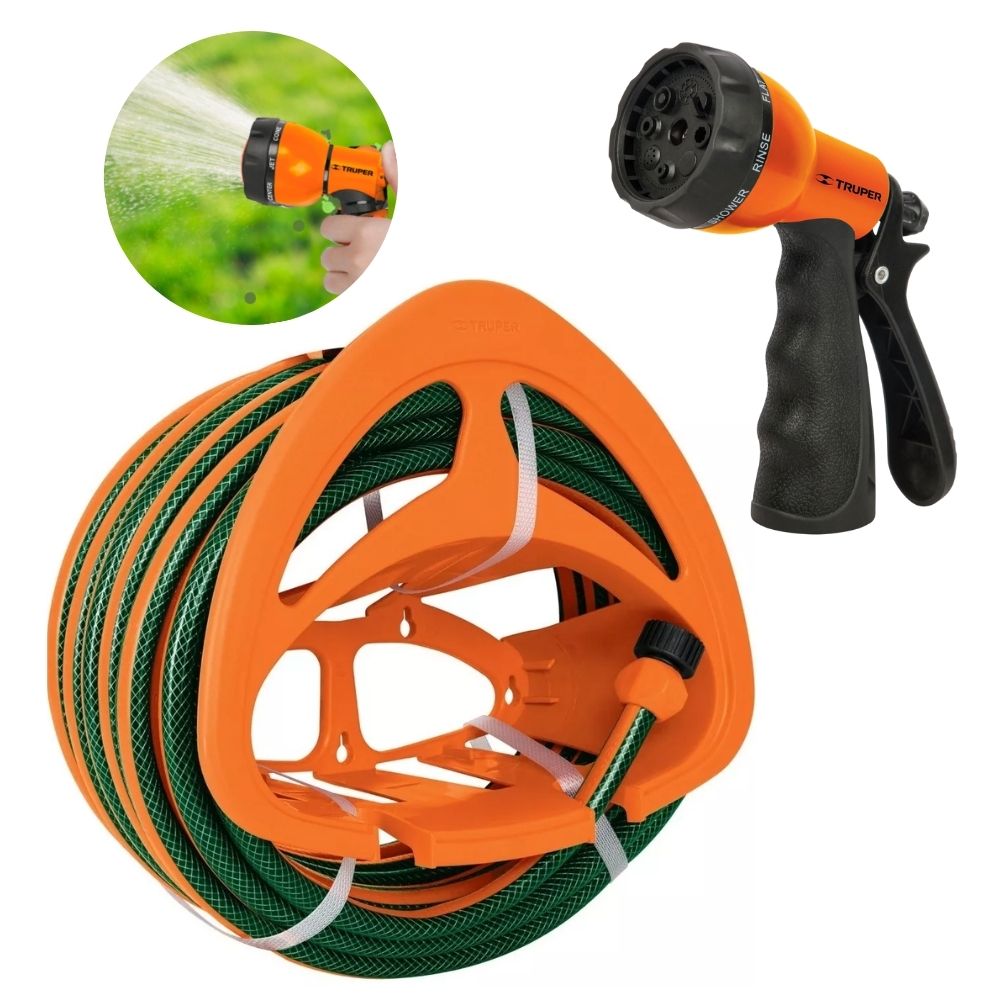 Combo manguera de riego 20m, porta manguera y pistola de riego Combo manguera de riego 20m, porta manguera y pistola de riego