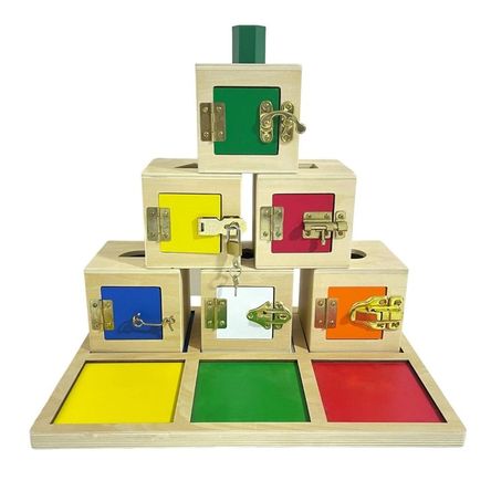 Pack completo 6 cajas de cerraduras y colores con tabla Chanitos Cunita montessori