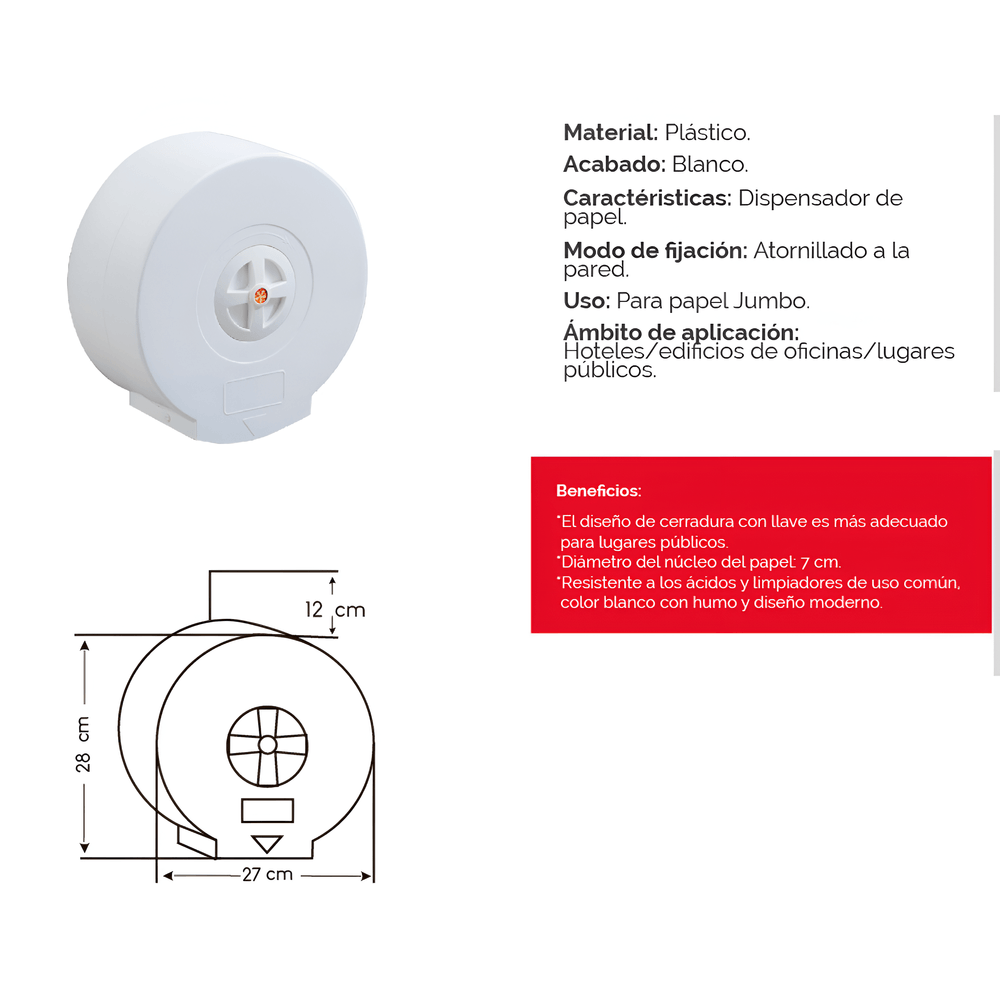 Dispensador para Papel Higiénico Jumbo Plástico ADB6207 Blanco Dispensador para Papel Higiénico Jumbo Plástico ADB6207 Blanco