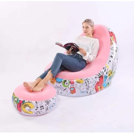 Puff Inflable Posapies Sillon Con Diseño y Inflador Niños Hombres Mujeres Hogar Rosa