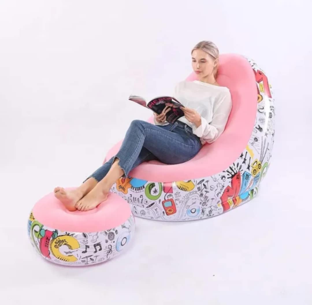 Puff Inflable Posapies Sillon Con Diseño y Inflador Niños Hombres Mujeres Hogar Rosa