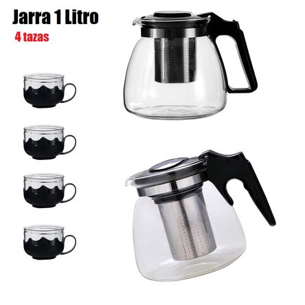 Tetera de Vidrio con 4 Tacitas Jarra de 1Litro