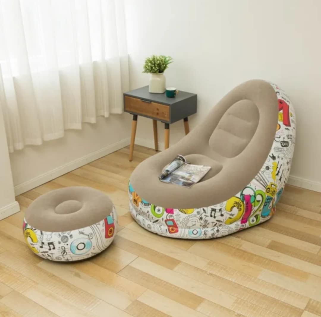 Puff Inflable Posapies Sillon Con Diseño con Inflador para Niños Hombres Mujeres Hogar Beige