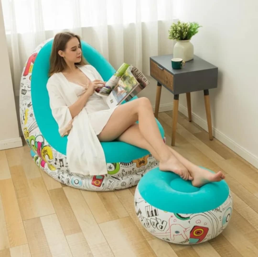 Puff Inflable Posapies Sillon Con Diseño y Inflador Niños Hombres Mujeres Hogar Verde