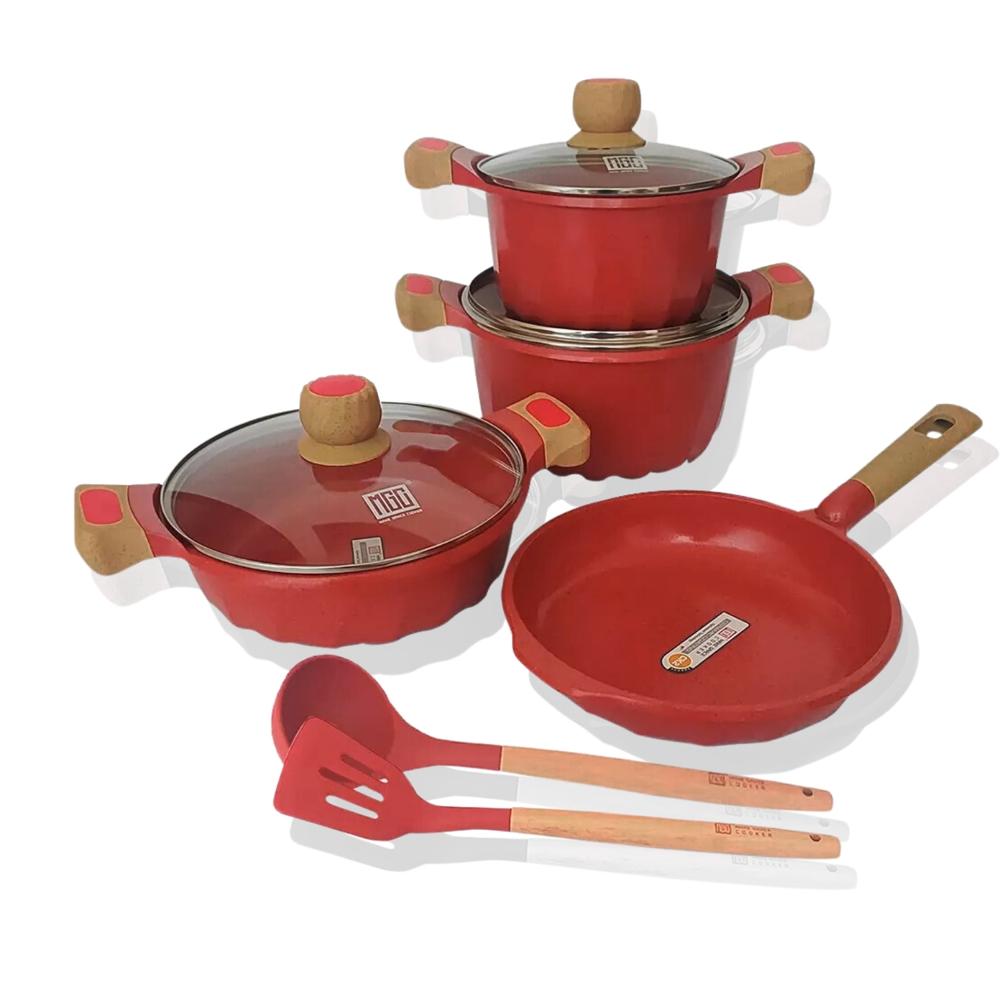 Juego De Olla Roca Volcánica Anti-adherente 9pcs Color Rojo - MGC