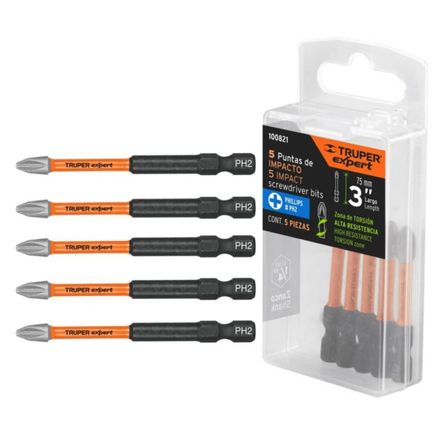 Juego 5 puntas de impacto para taladro atornillador, PhillipsPH2 x 3”,Truper