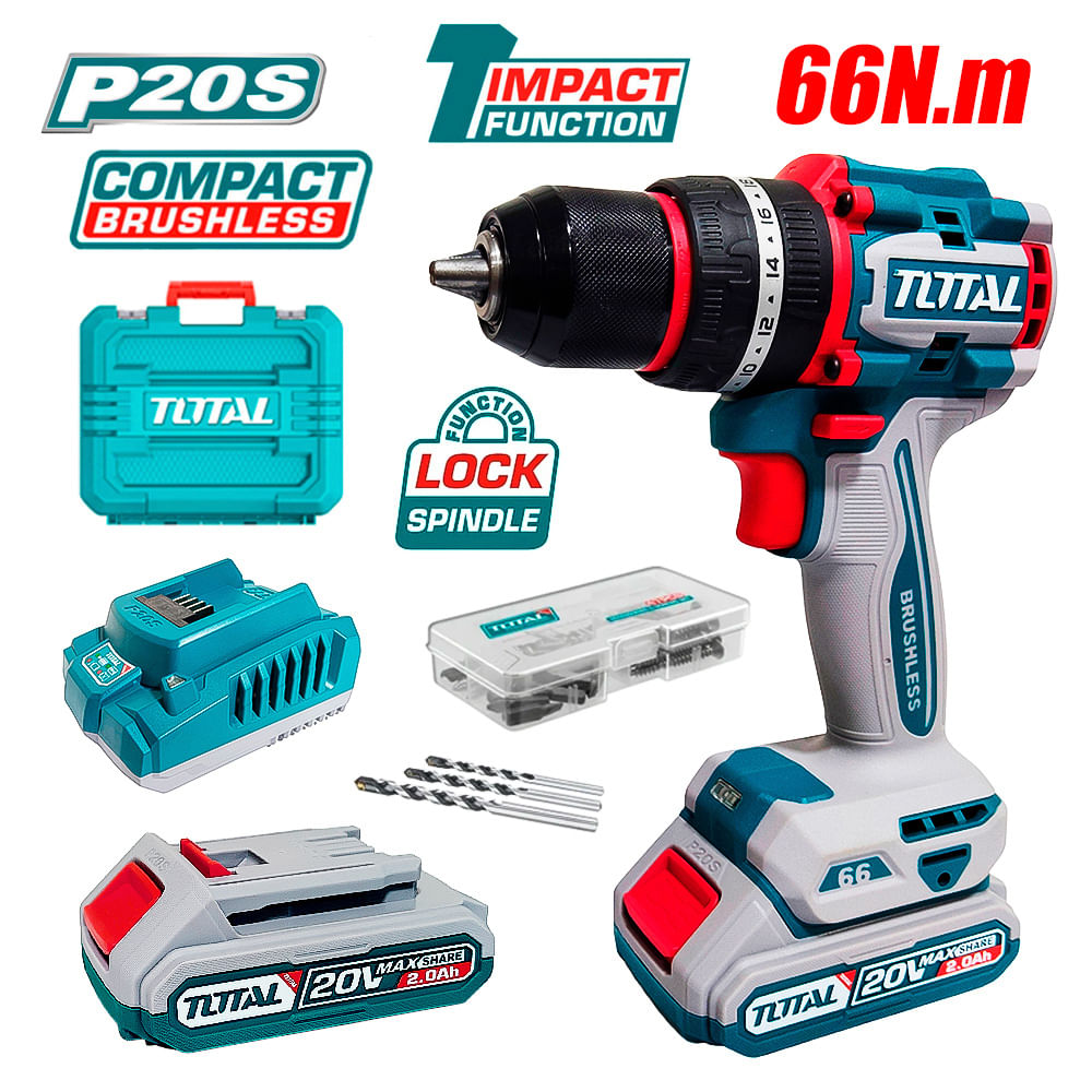 Taladro Atornillador Percutor Industrial 1/2"" Total TIDLI20668 20V 66Nm 2Bat x 2Ah Brushless