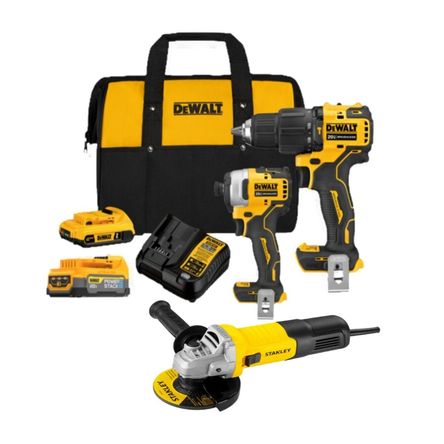 COMBO Dewalt + Stanley: Taladro percutor DCD709D2-B2 + Atornillador de Impacto DCF809D2-B2 + Esmeril Angular STGS9115 + 2 Baterias + Cargador + Bolso