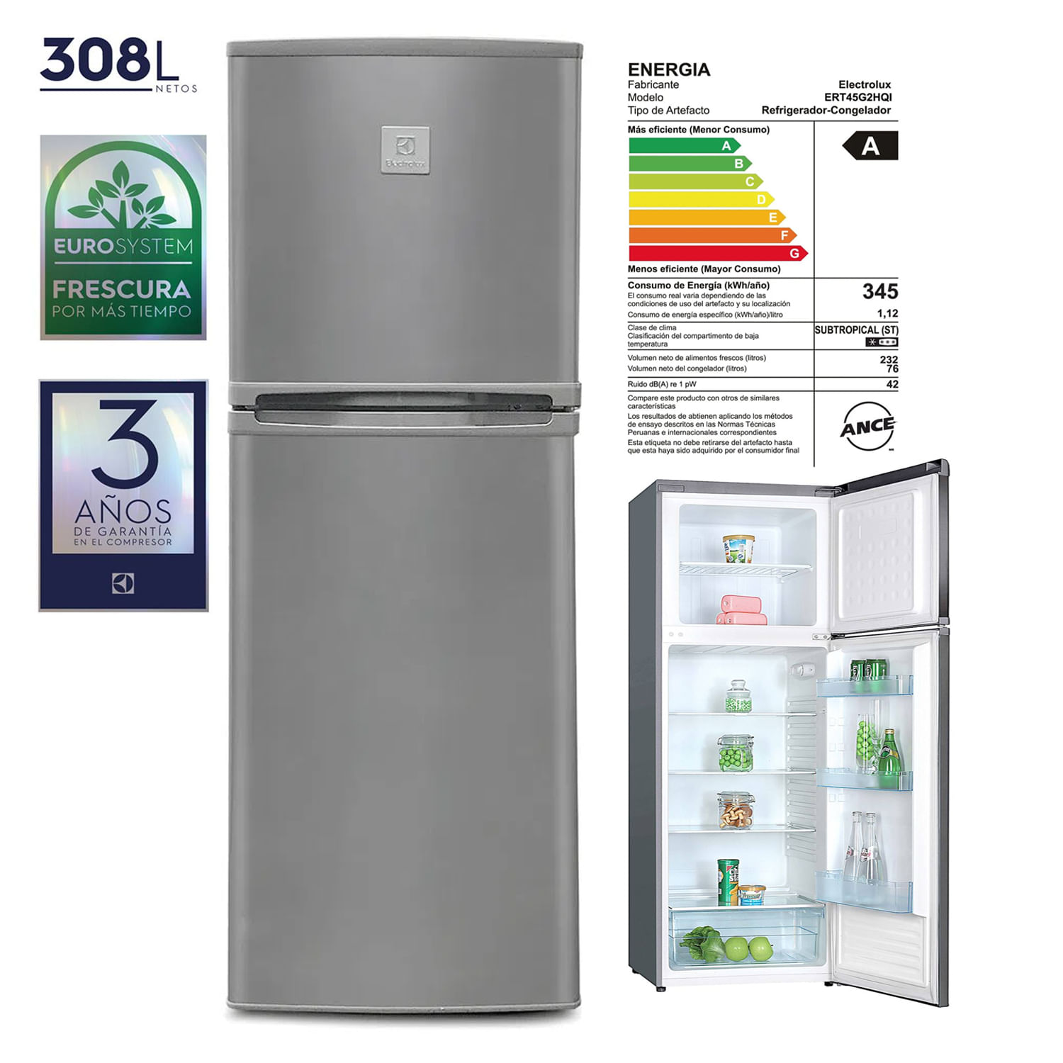 Refrigeradora Electrolux ERT45G2HQI Top Mount Frost 308L Gris