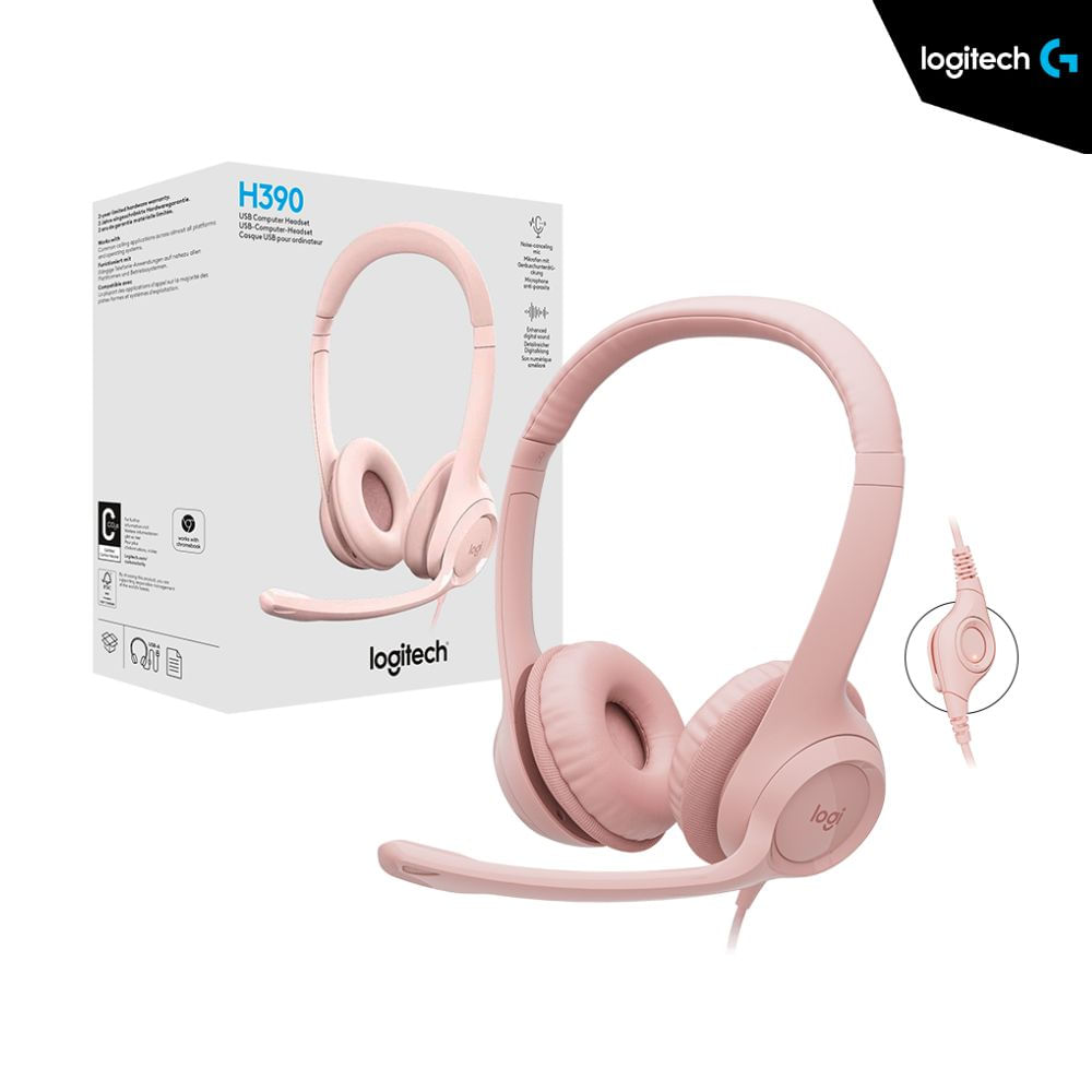 Audífono C/MICRÓFONO LOGITECH H390 USB - Con Cancelación de Ruido / ROSA