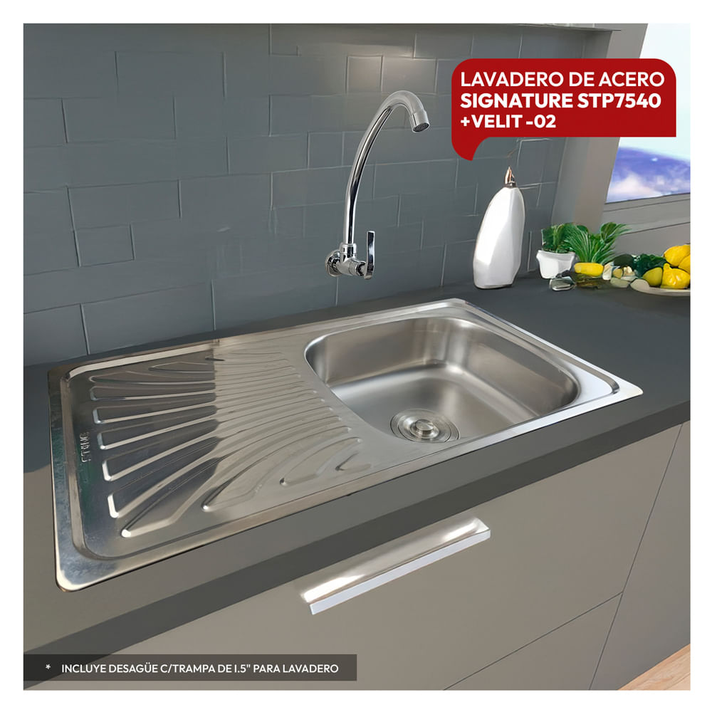 Combo De Lavadero De Acero STP7540 + Desague C/Trampa De I.5"" Para Lavadero + Velit-02 Stone
