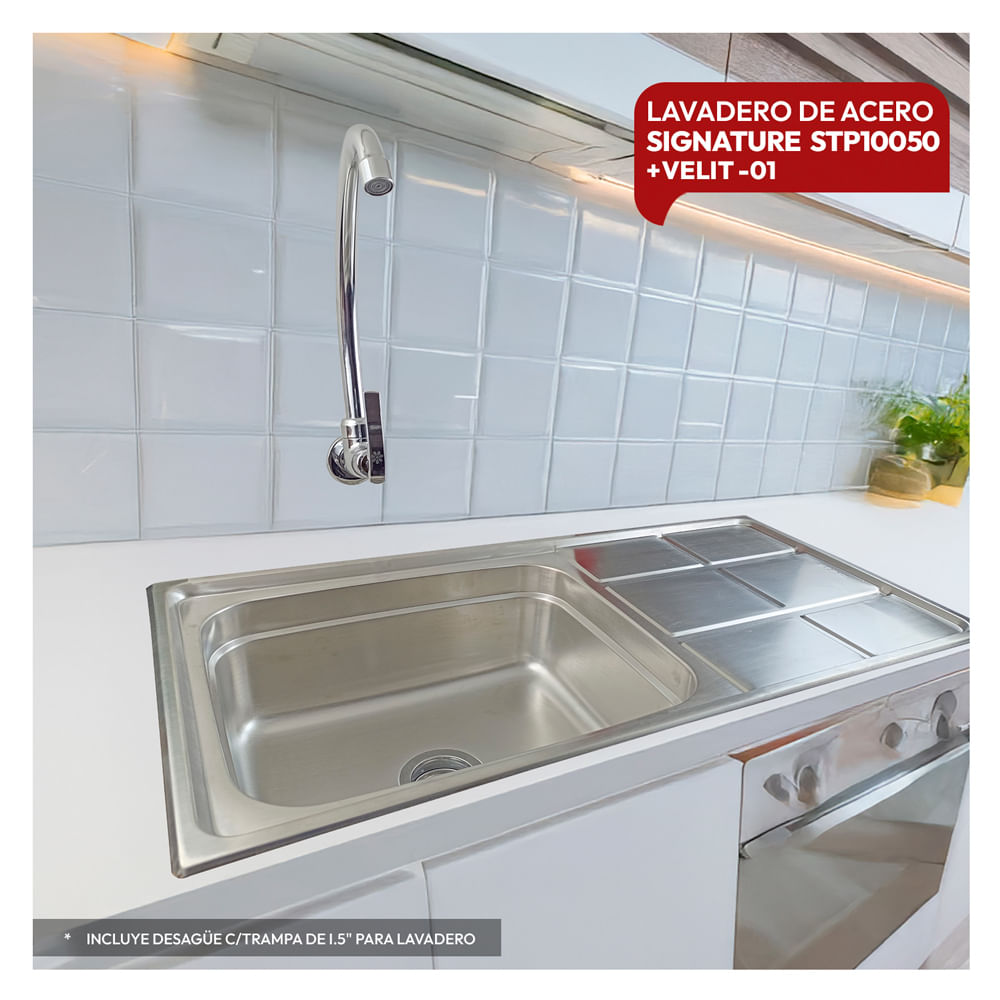 Combo De Lavadero De Acero  STP10050 + Desague C/Trampa De I.5"" Para Lavadero + Velit-01 Stone